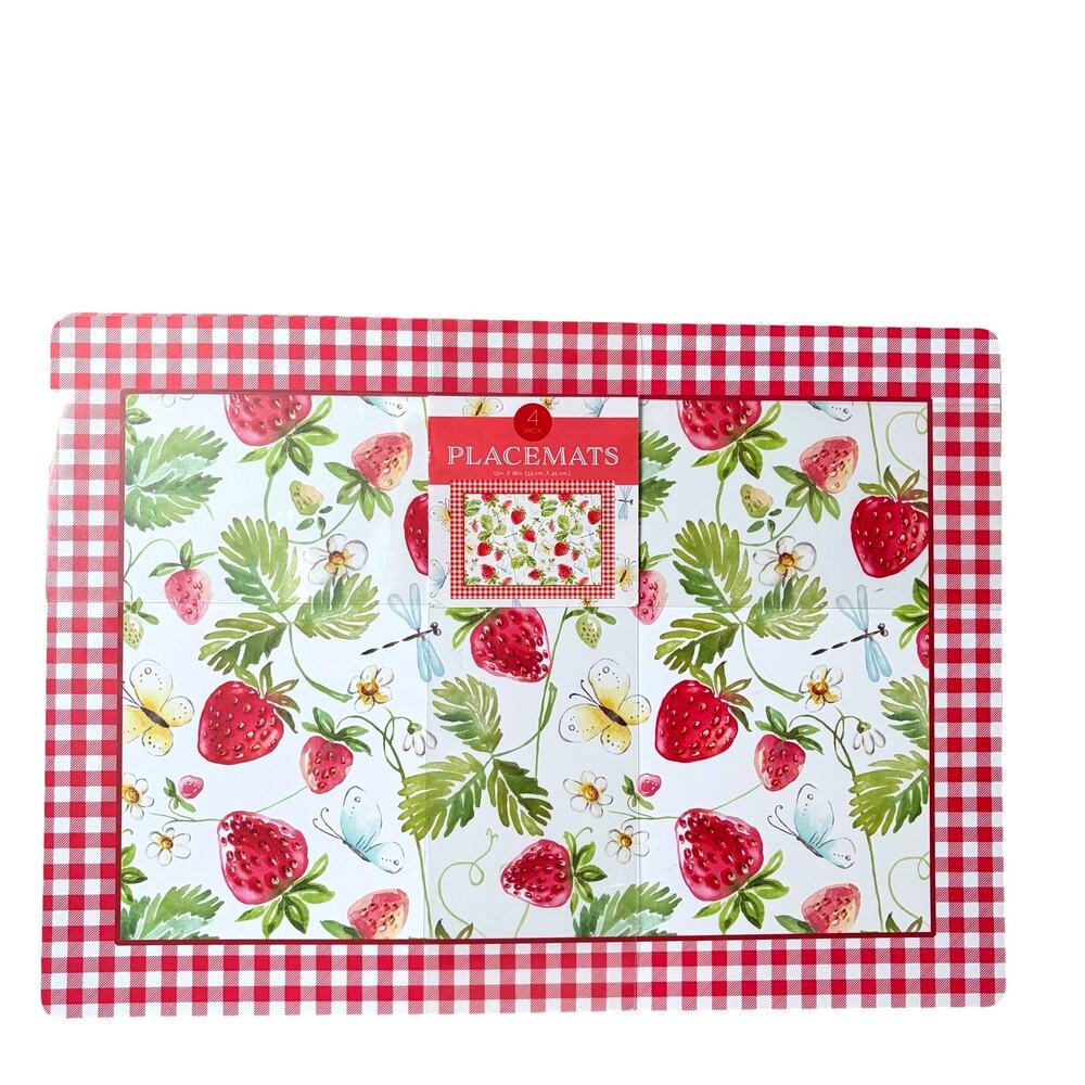 4pc Strawberry Gingham Placemats 13x18 Summer Fruit Butterflies Easy Care New